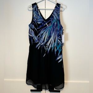 Dex Black Dress with Blue Leaf Pattern